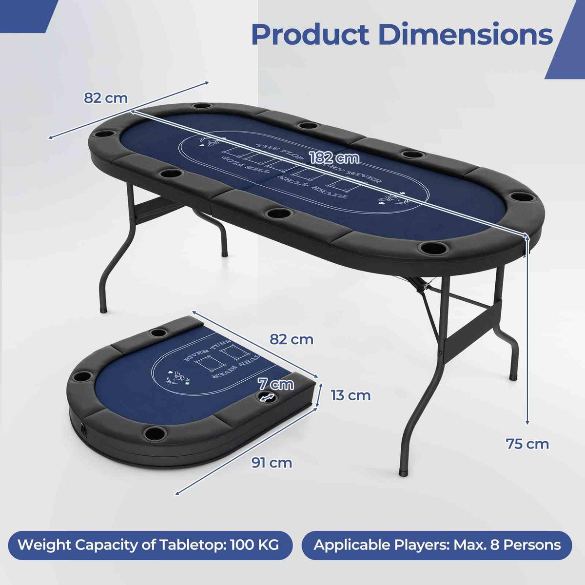 1.8m Foldable Poker Table for 8 Players, Portable Oval Card Board Game Table for Blackjack Texas Hold’em Casino Leisure Game