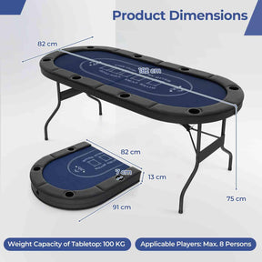 1.8m Foldable Poker Table for 8 Players, Portable Oval Card Board Game Table for Blackjack Texas Hold’em Casino Leisure Game