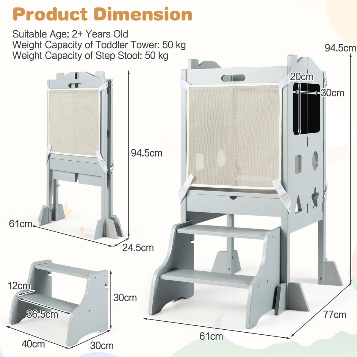 Foldable Toddler Tower with 3 Using Modes Step Stool, Standing Kitchen Tower w/ 2-Step Stool