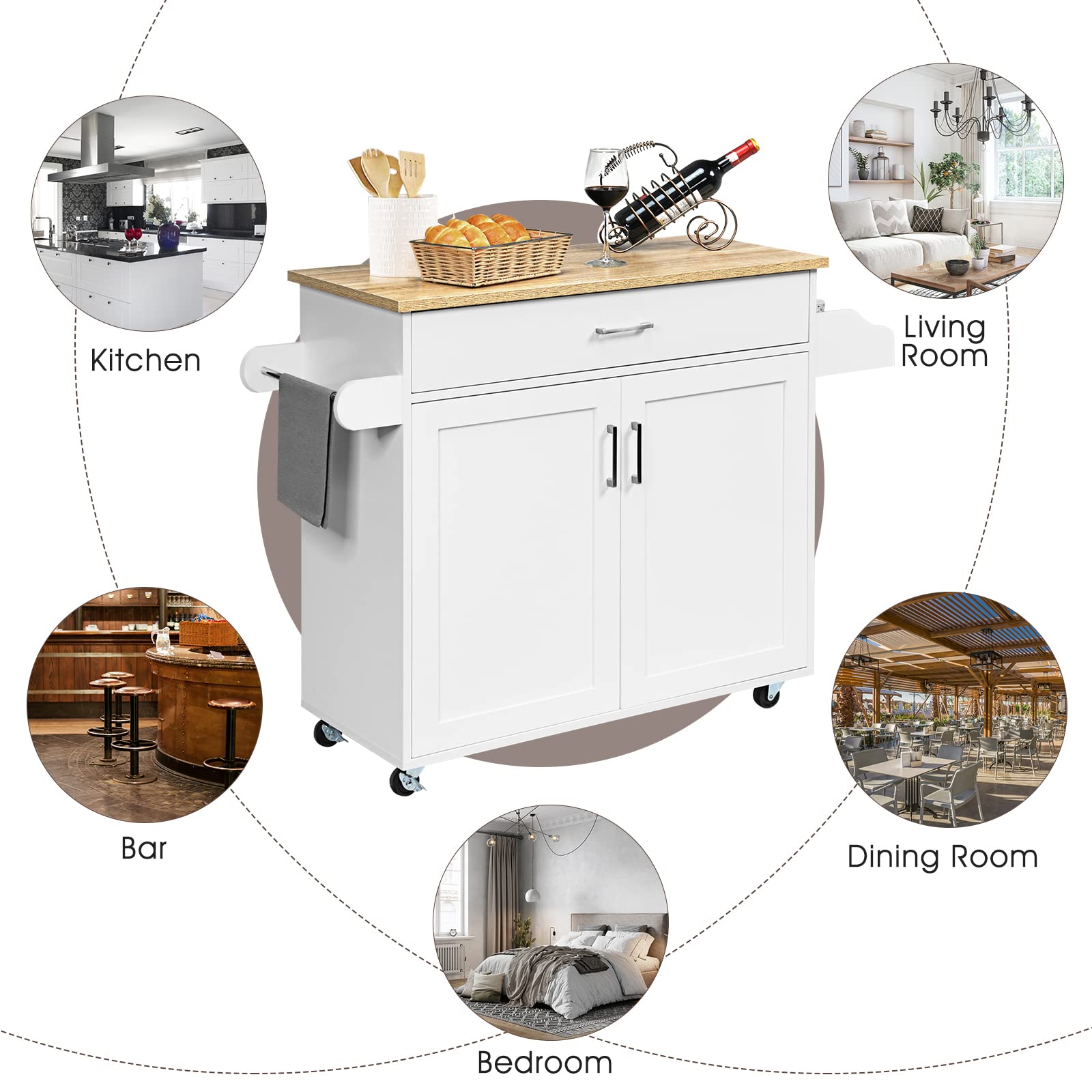 Giantex Wooden Rolling Kitchen Island, Storage Cart Trolley w/ Adjustable Shelf, Spice Storage Sgelf, Towel Rack & Drawer