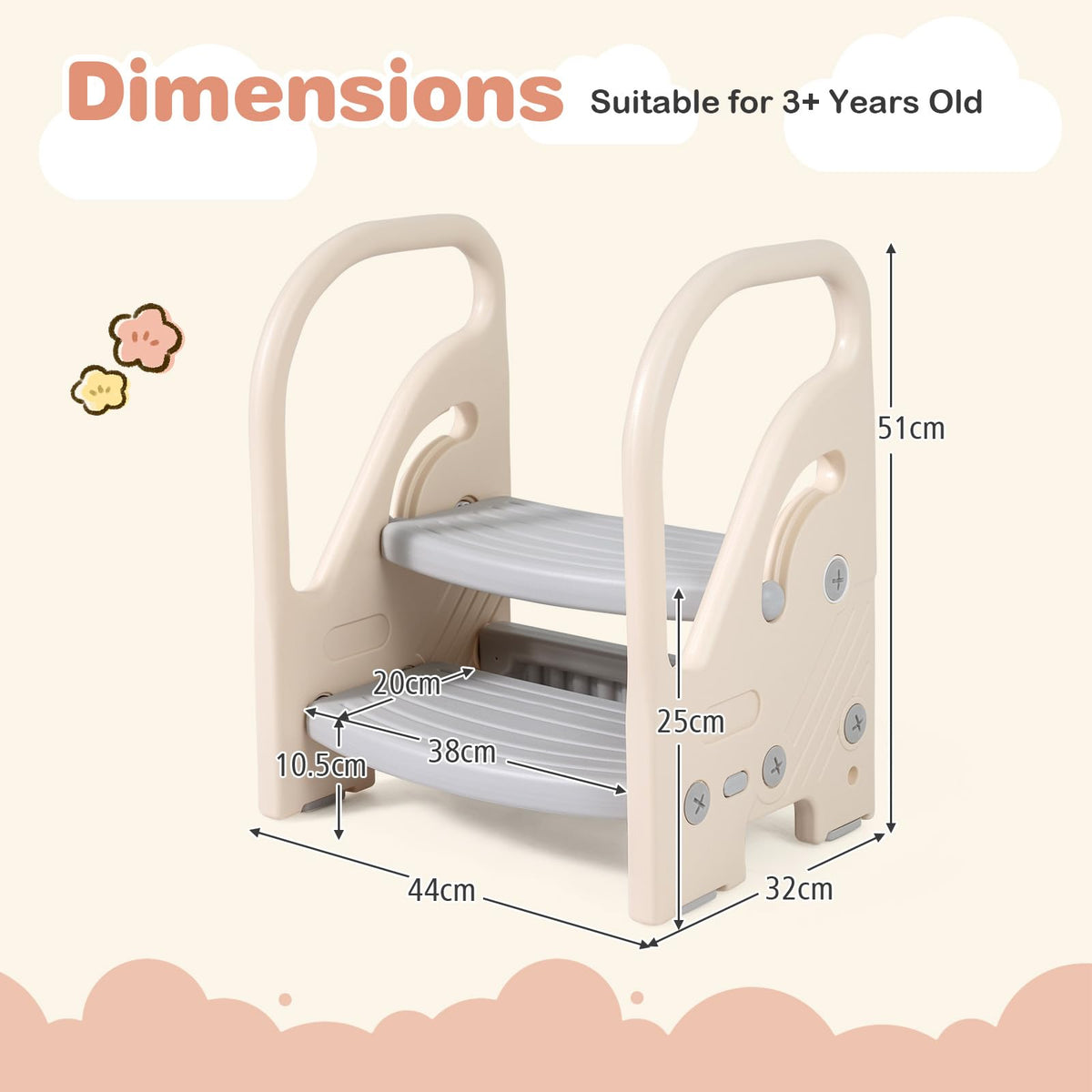 Toddler Step Stool, Adjustable 2/3-Step Helper Ladder Stool with Safety Handles & Non-slip Pads
