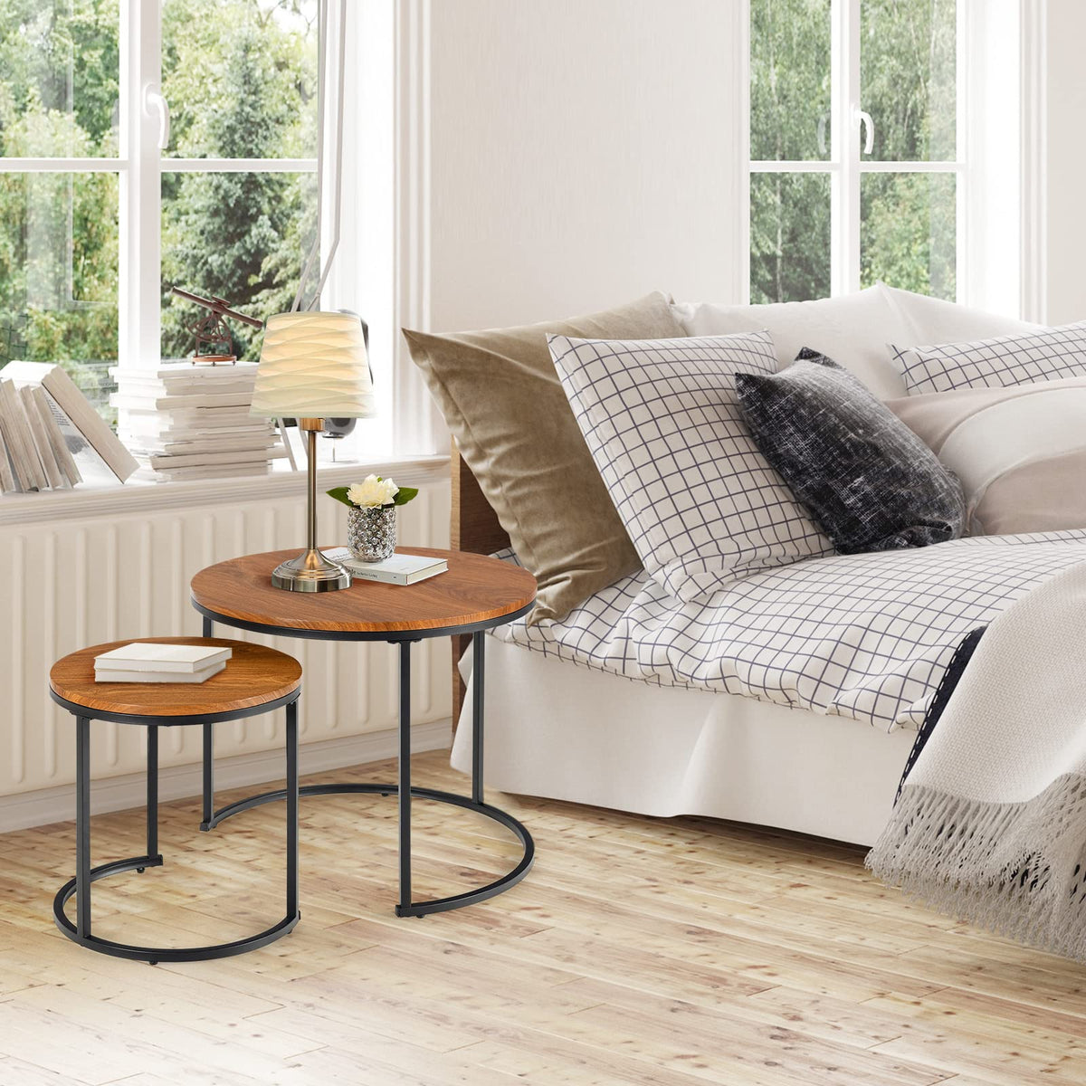 Giantex Set of 2 Compact Stacking Side Tables w/Wooden Tabletop & Powder-Coated Steel Frame