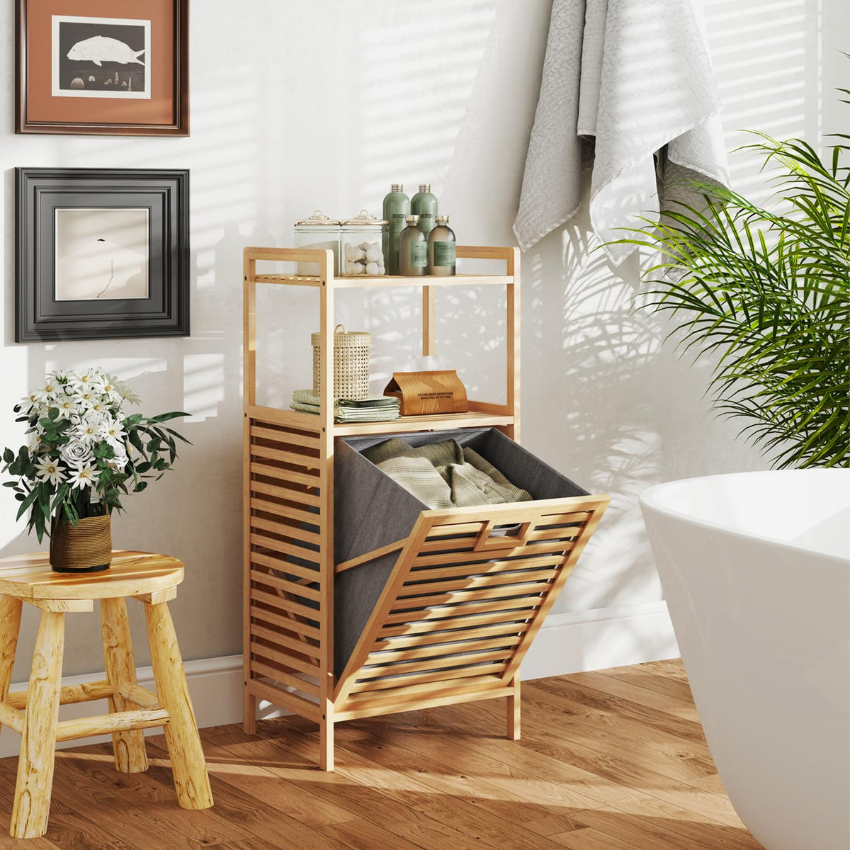 Bathroom Shelf w/Laundry Basket, Bathroom Shelf Made of Bamboo, Bathroom Cabinet w/ 2 Shelves for Bathroom Accessories