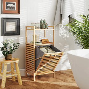 Bathroom Shelf w/Laundry Basket, Bathroom Shelf Made of Bamboo, Bathroom Cabinet w/ 2 Shelves for Bathroom Accessories