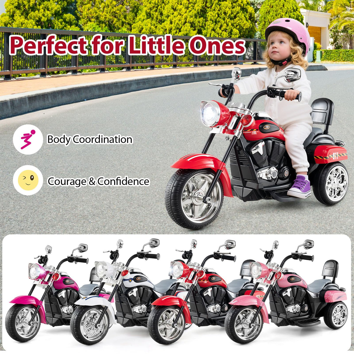 Kids Motorcycle, 6V Battery Powered 3-Wheel Electric Motorcycle for Kids with Headlight & Horn