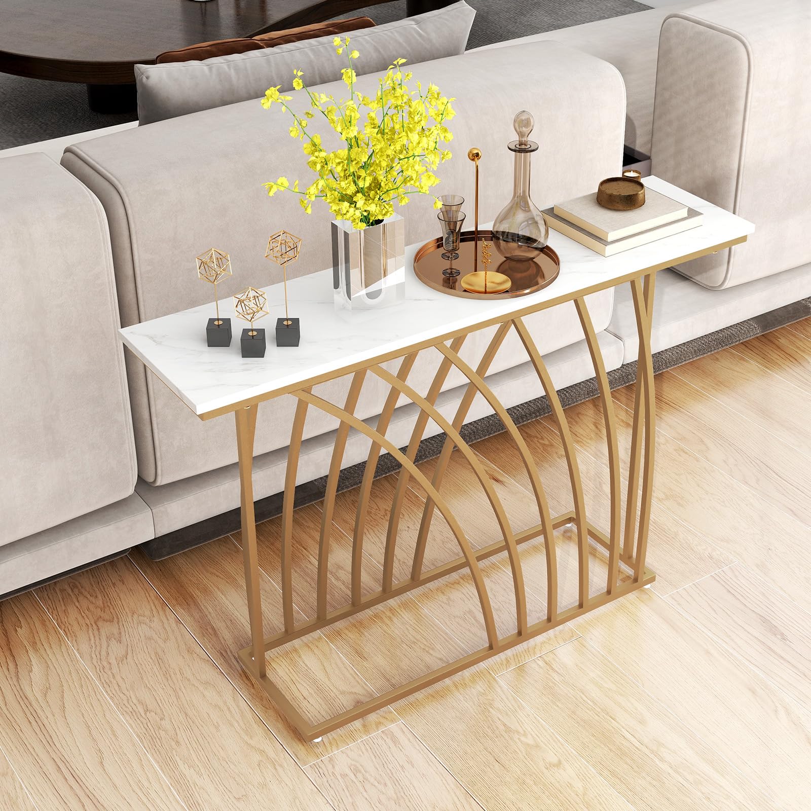 Giantex 120cm Gold Console Table, Modern Entryway Table with White Faux Marble Tabletop
