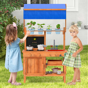 Mud Kitchen, Wooden Pretend Play Kitchen with Height Adjustable Canopy, Blackboard, Planting Cups, Stoves, Sink