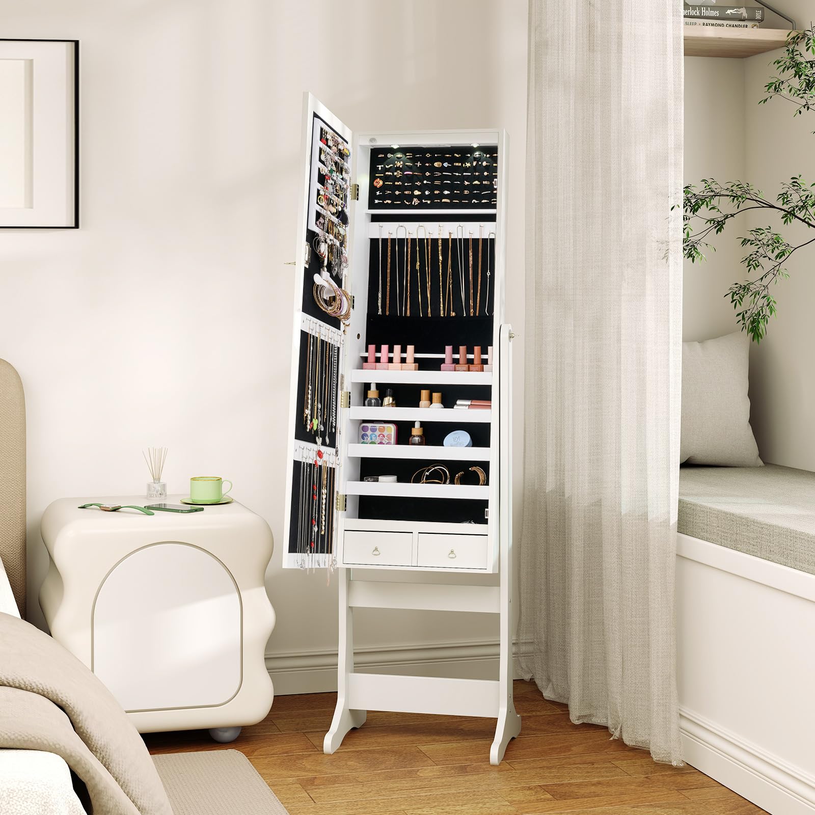 Giantex Freestanding Jewelry Cabinet, Lockable Jewelry Armoire w/Full-Length Mirror & LED Lights