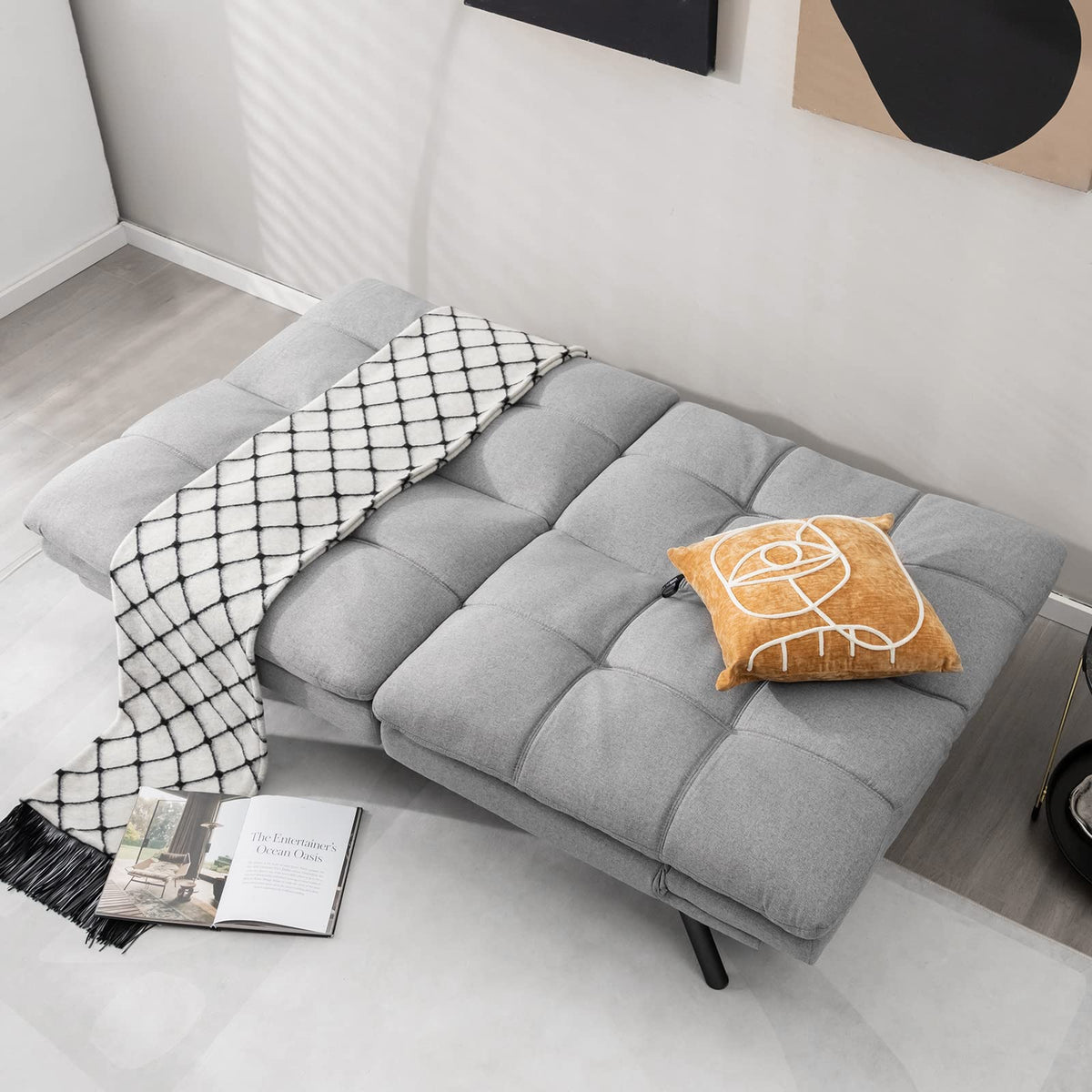 Convertible 3 Seater Sofa Bed, Memory Foam Futon Couch Bed w/Adjustable Backrest & Armrests