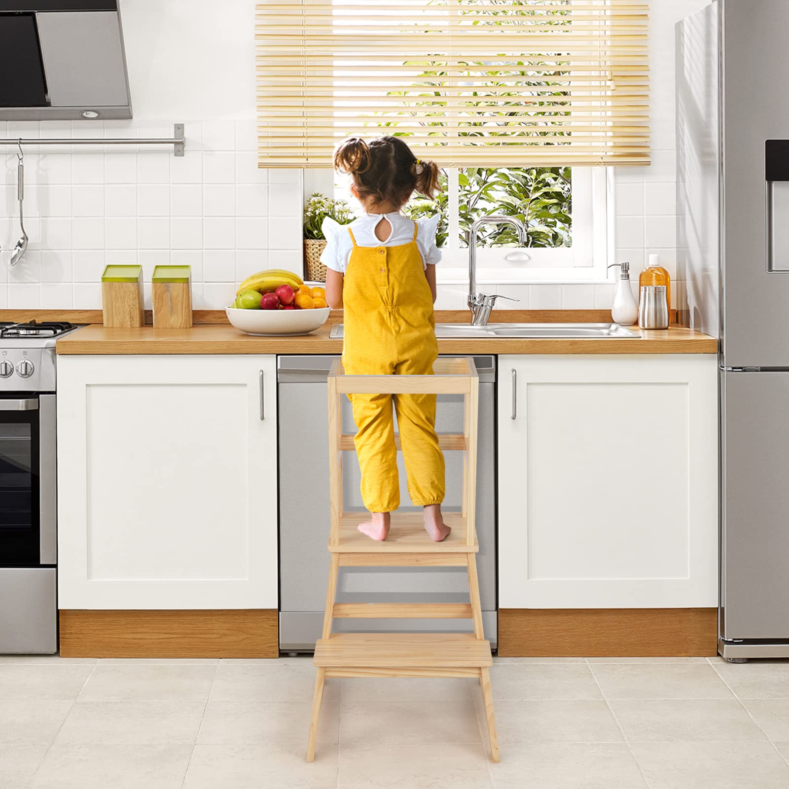 BABY JOY Kids Kitchen Step Stool with Safety Rail, 2 in 1 Solid Wood Montessori Learning Stool