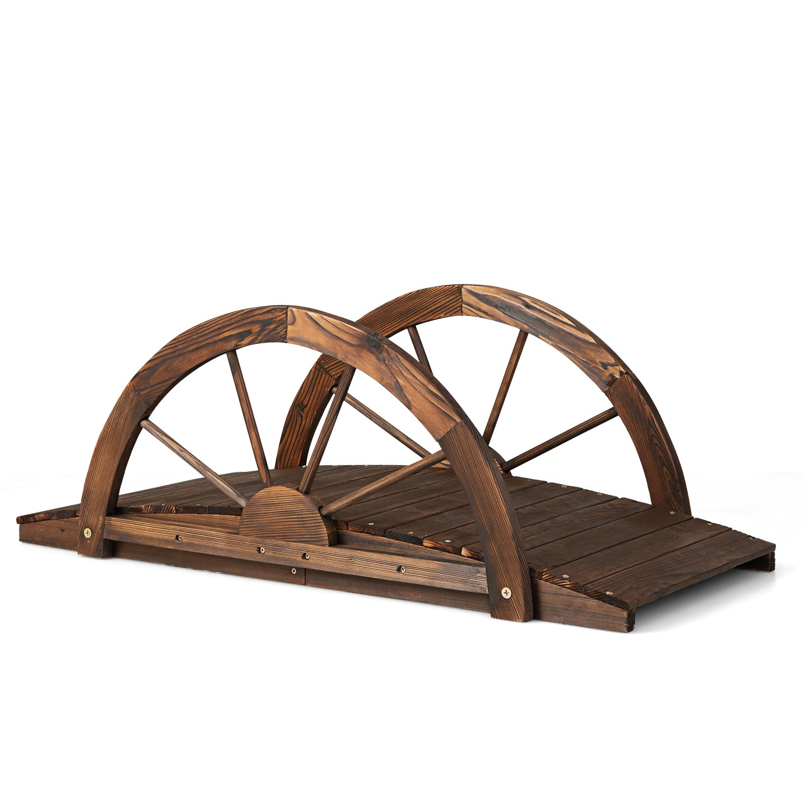 3.3 FT Wooden Garden Bridge, Carbonized Fir Wood Arc Bridge W/Wheel-Shaped Safety Railings