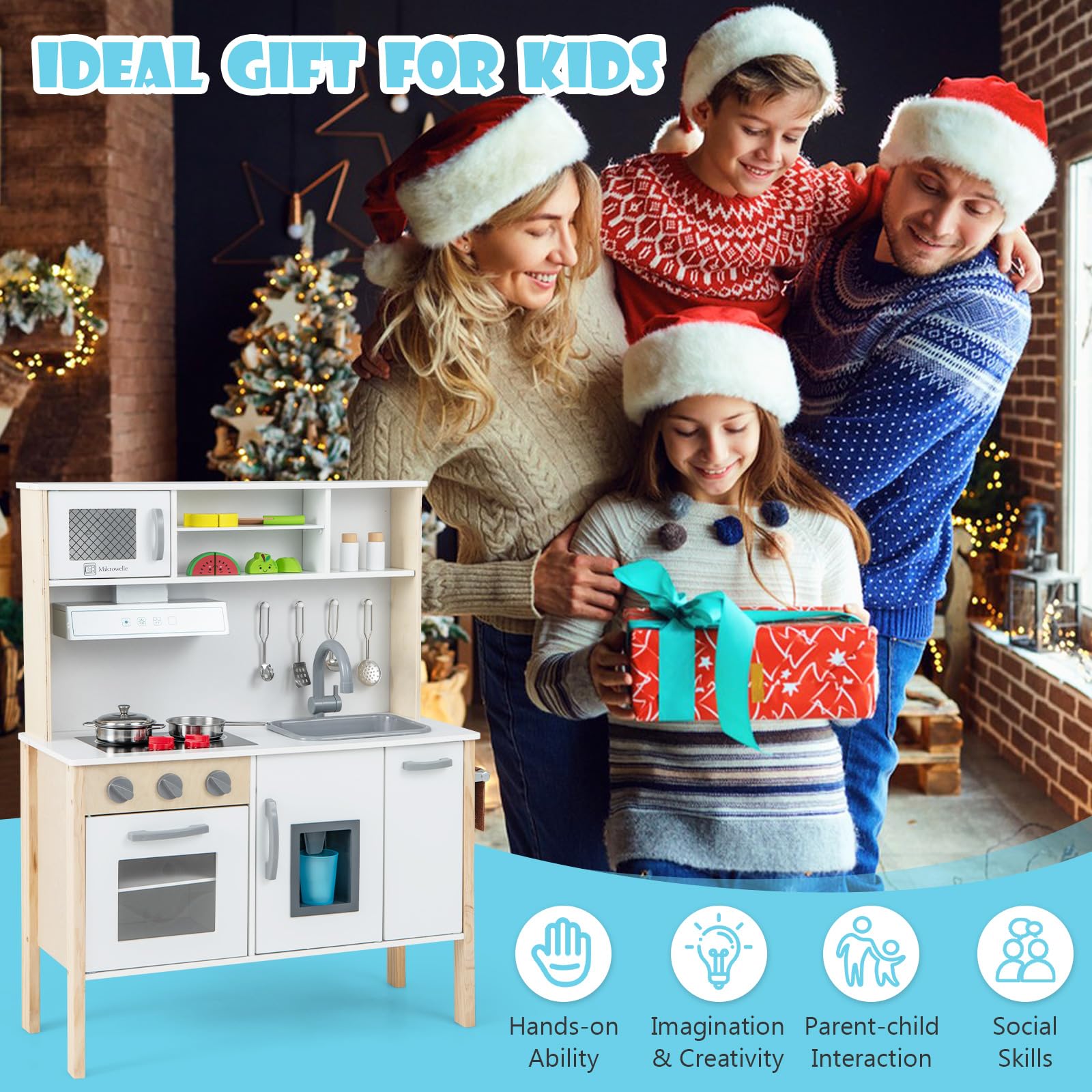 Kids Kitchen Playset, Wooden Pretend Play Kitchen w/Microwave, Range Hood