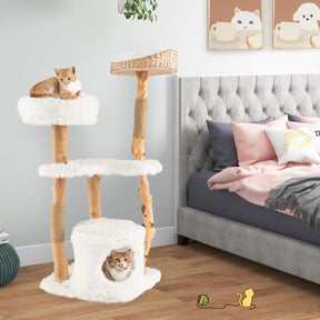 124 CM Tall Wooden Cat Tree, Solid Wood Cat Tower