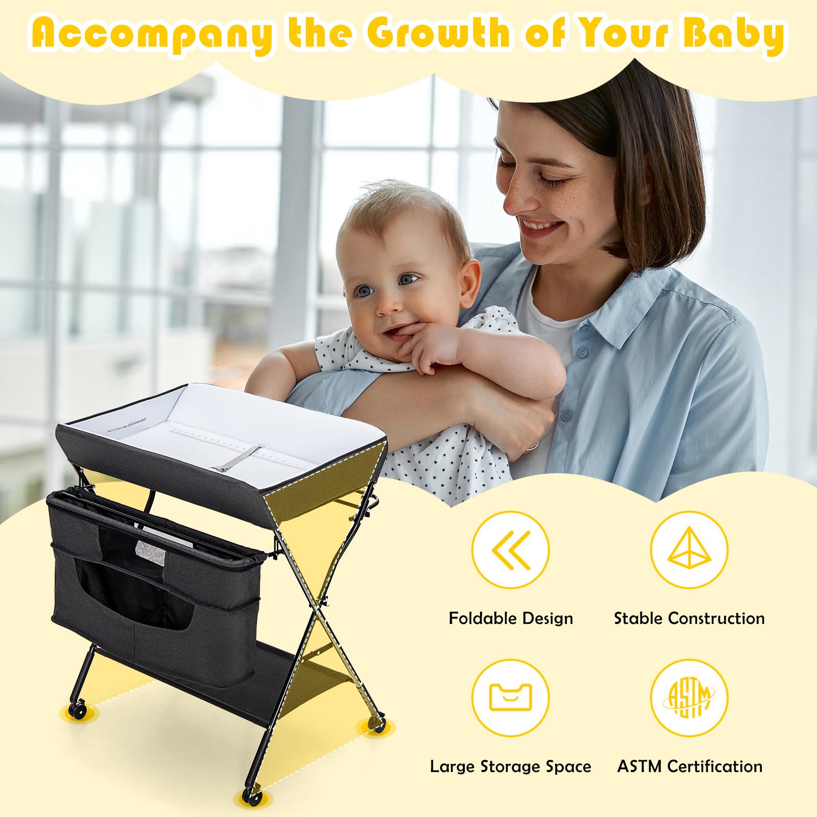 Foldable Baby Changing Table Portable Nursery Stand Organiser for Infant Newborn w/Large Storage Basket & Safety Belt