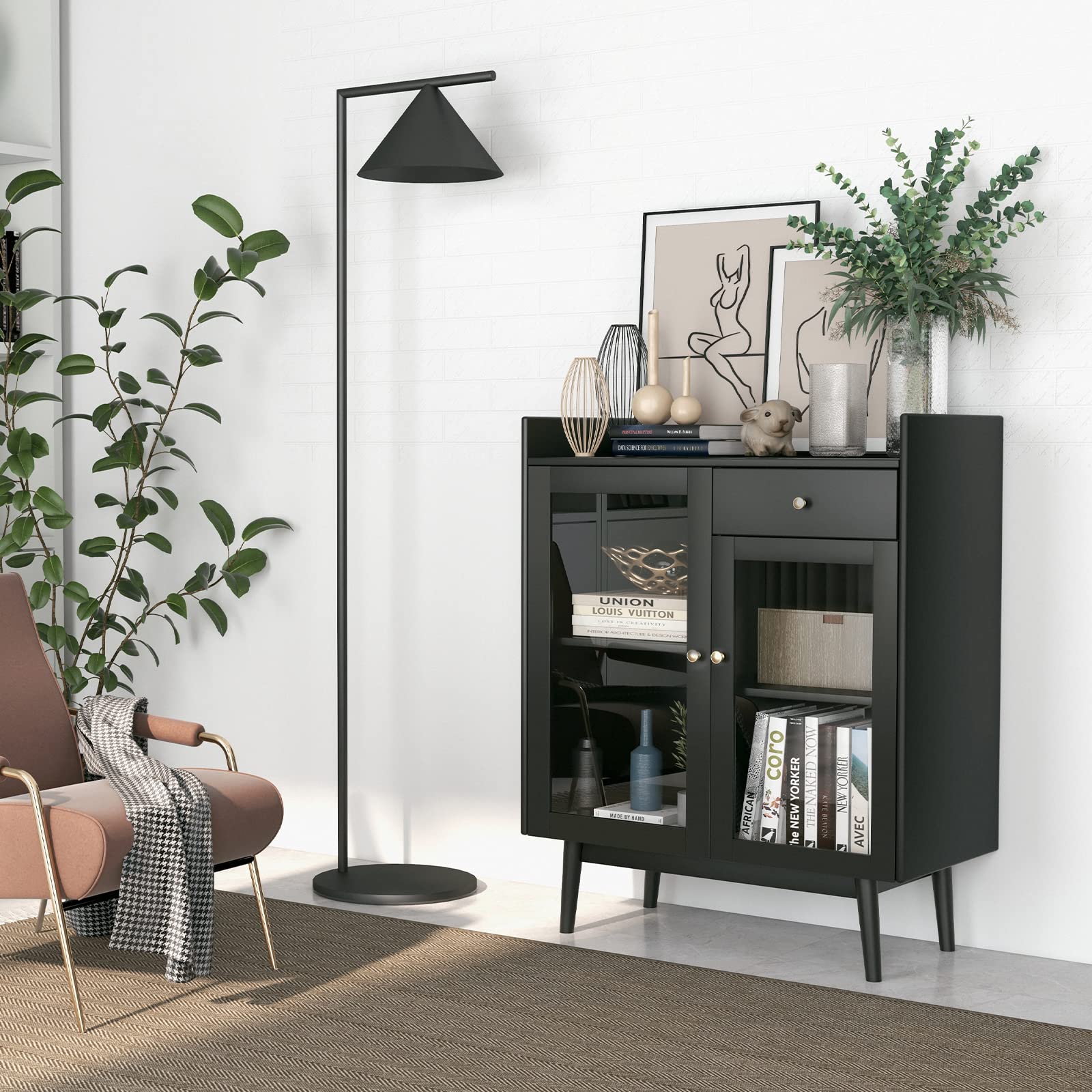 Giantex Mid-Century Modern Buffet Cabinet, Kitchen Sideboard with 2 Tempered Glass Doors & Pill-Out Drawer