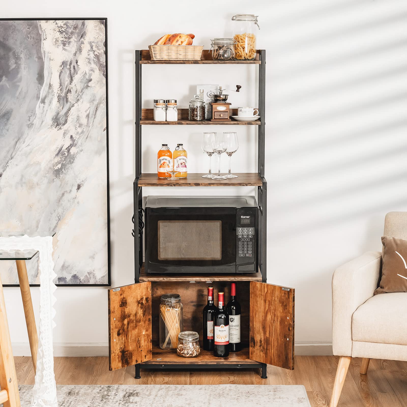 Giantex 4-Tier Baker’s Rack, Kitchen Storage Cabinet w/ 3 Tier Hutch Shelf, Industrial Microwave Oven Stand