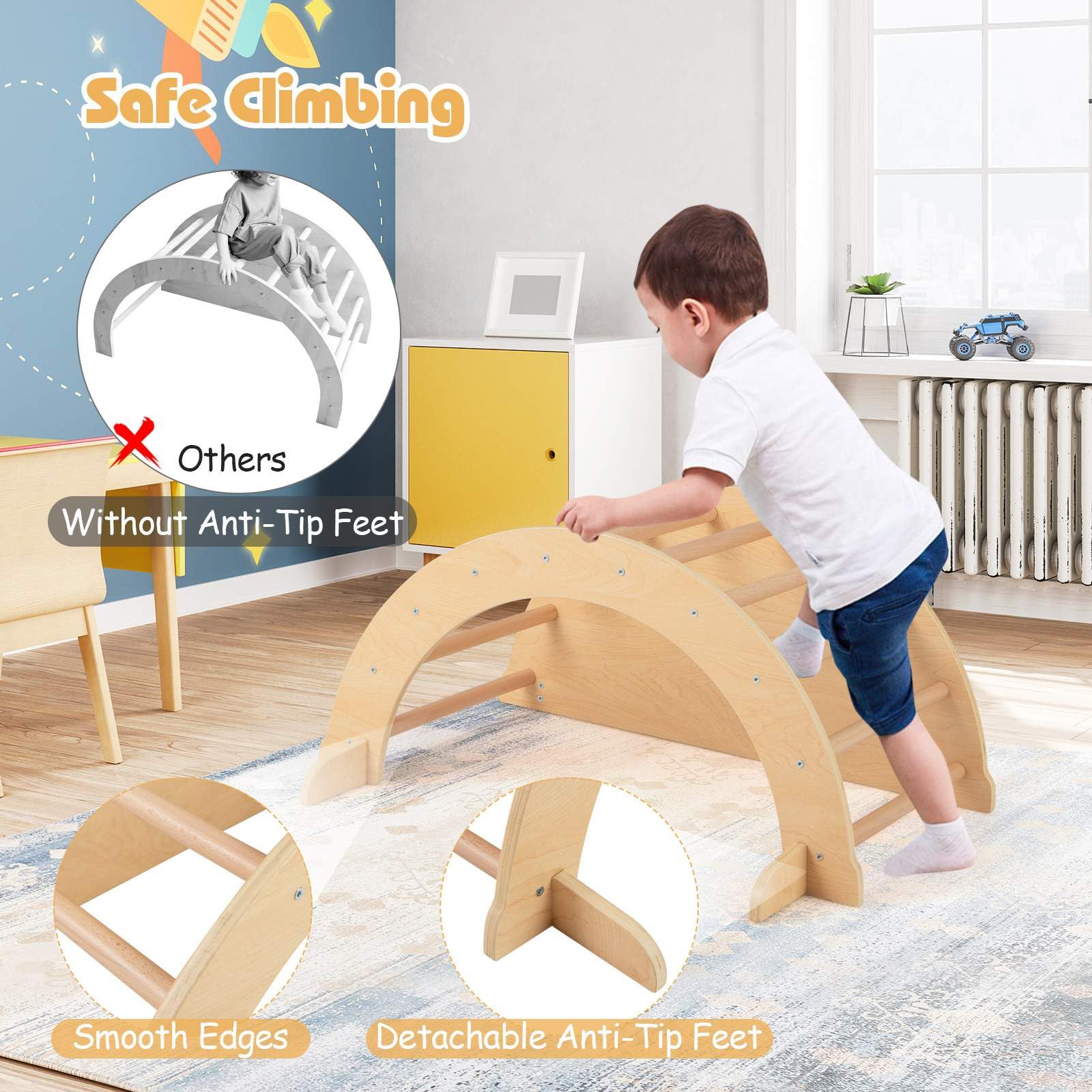 6 in 1 Climbing Arch for Toddlers, Wooden Kids Rocker Arch Climbing Toy with Removable Cushion