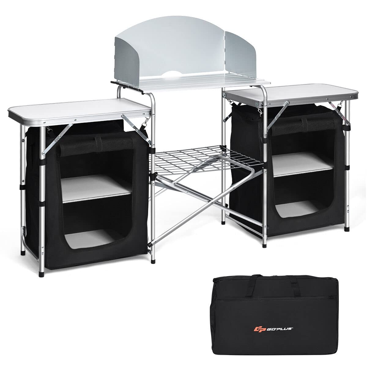 Portable Camping Kitchen Table, Aluminum Fold-Up Camping Kitchen with Windscreen