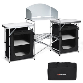 Portable Camping Kitchen Table, Aluminum Fold-Up Camping Kitchen with Windscreen