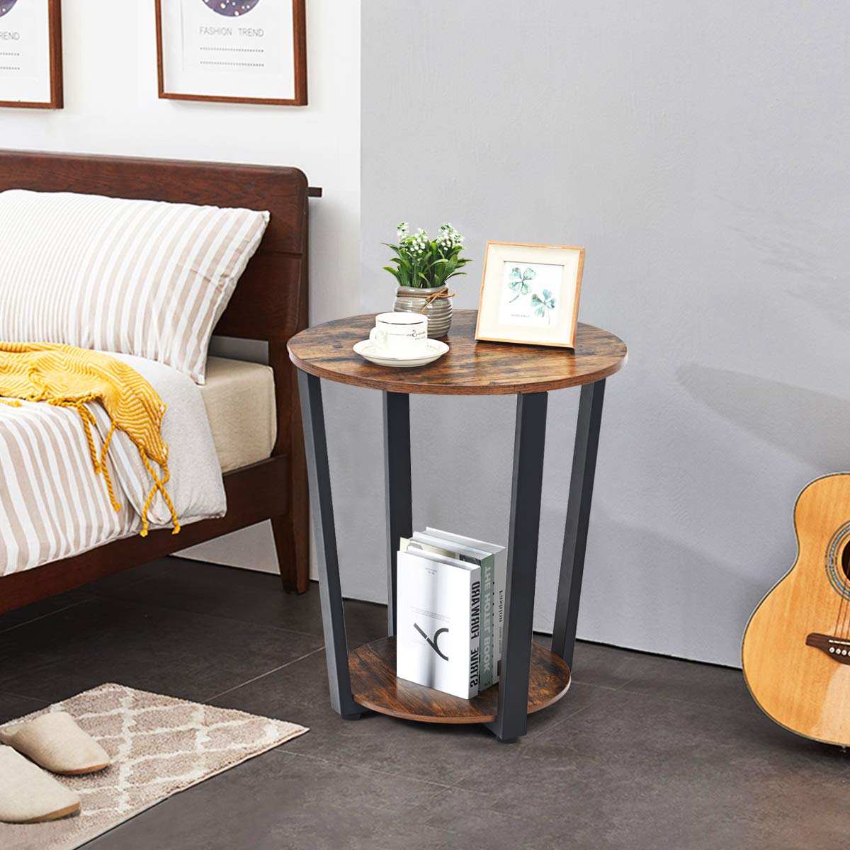 Giantex Round End Table, 2-Tier Metal Sofa Table w/Storage Shelf, Round Side Table