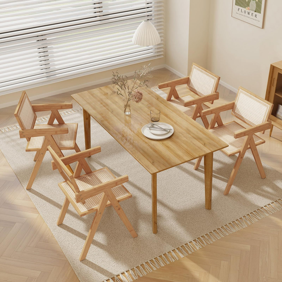 Rattan Dining Chair, Cane Kitchen Chair with Sturdy Bamboo Frame