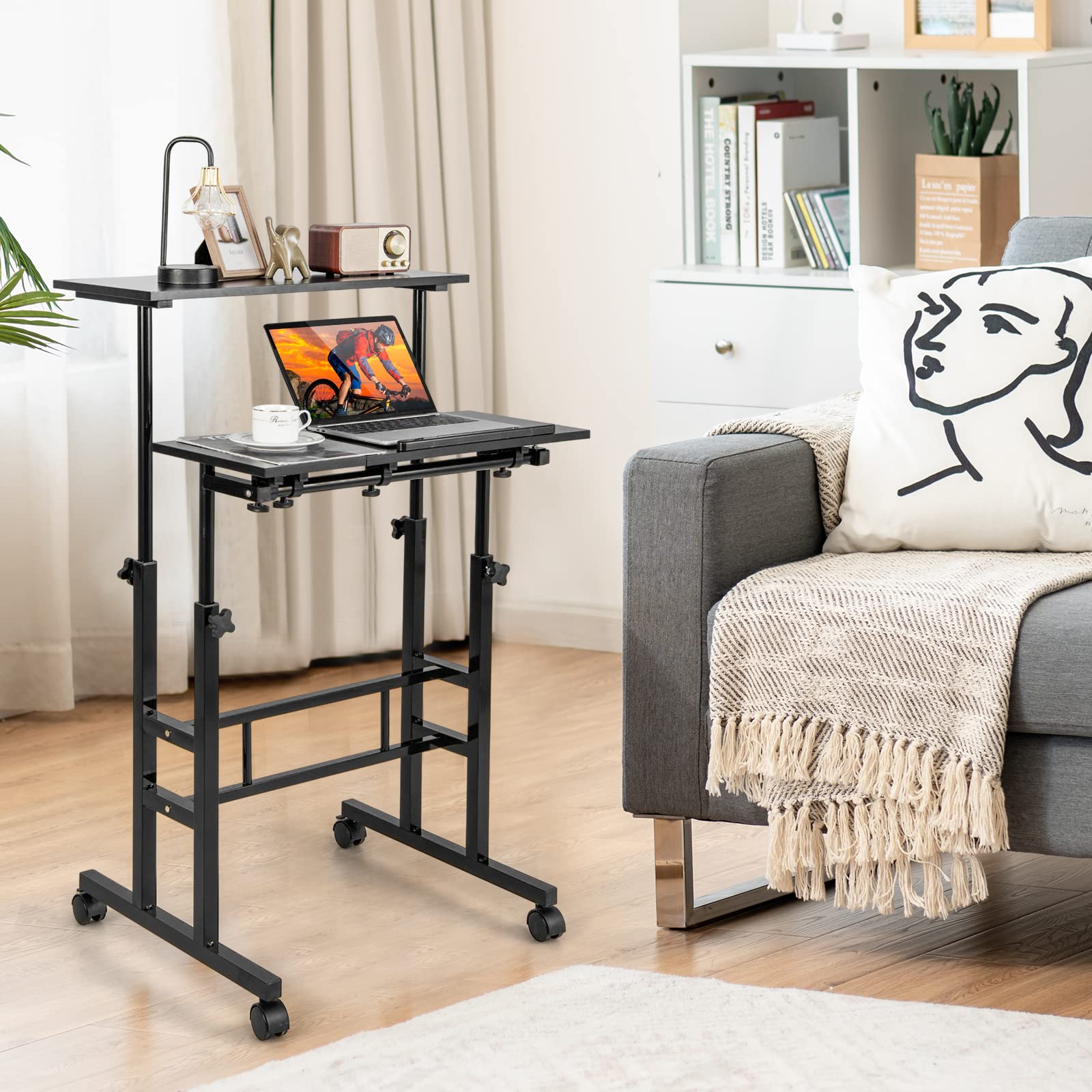 Giantex Mobile Stand up Computer Desk, Rolling Standing Laptop Cart with 2 Tilting Desktops
