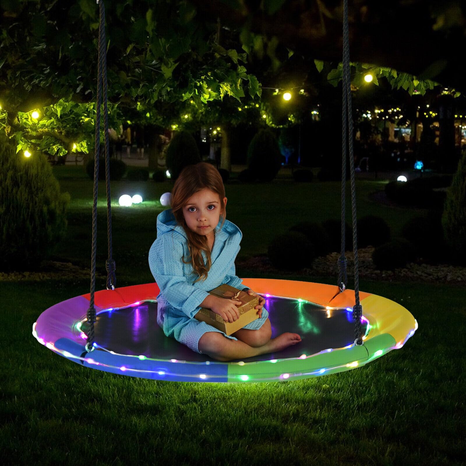 40”/100CM Saucer Tree Swing with LED Lights, Indoor Outdoor Saucer Swing for Kids Adults w/Adjustable Multi-Strand Hanging Ropes