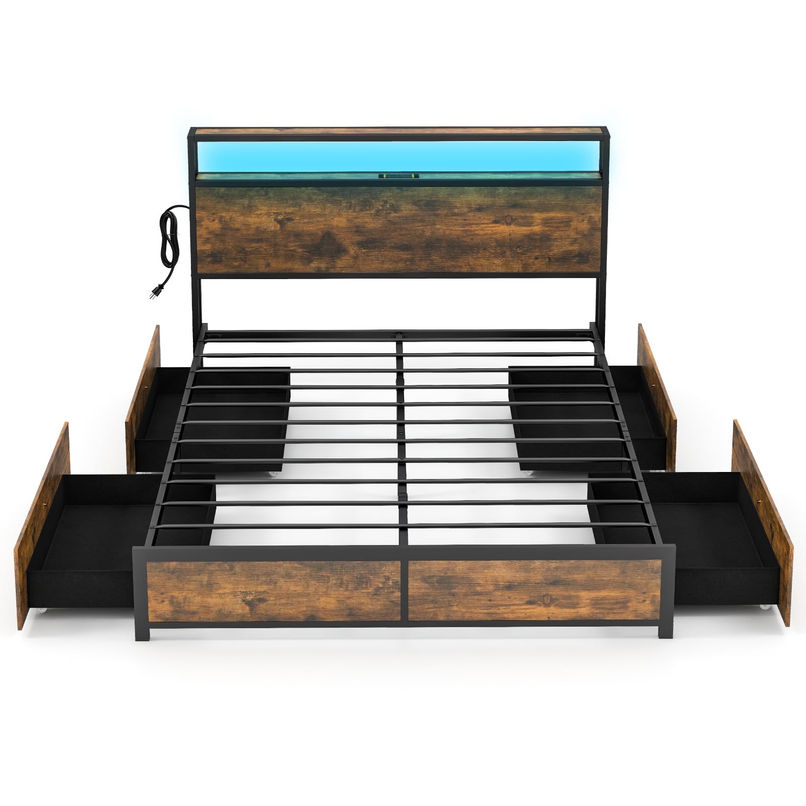 Giantex Queen Bed Frame with Smart LED Lights, Metal Platform Bed with Storage Headboard