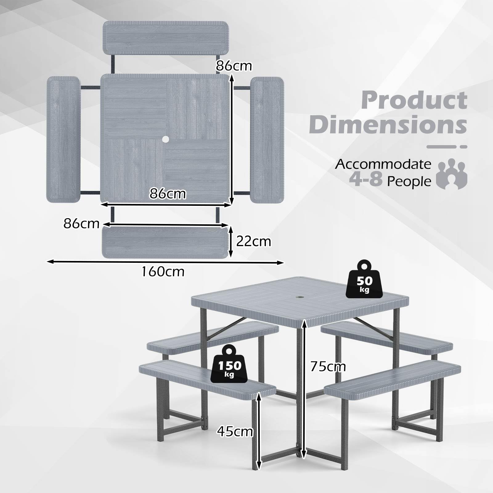 Outdoor Square Camping Dining Table & 4 Benches w/Umbrella Hole