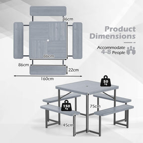Outdoor Square Camping Dining Table & 4 Benches w/Umbrella Hole