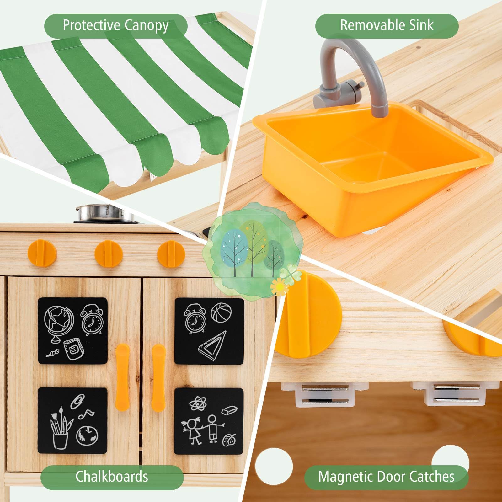 Kids Mud Kitchen with Canopy, Outdoor Wooden Pretend Play Kitchen w/ 4 Stoves, Sink, Faucet, Black Boards & Accessories