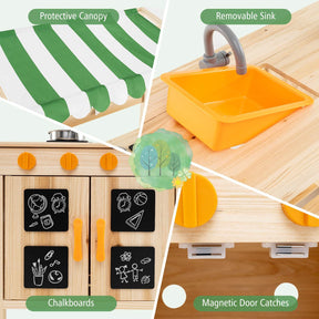 Kids Mud Kitchen with Canopy, Outdoor Wooden Pretend Play Kitchen w/ 4 Stoves, Sink, Faucet, Black Boards & Accessories