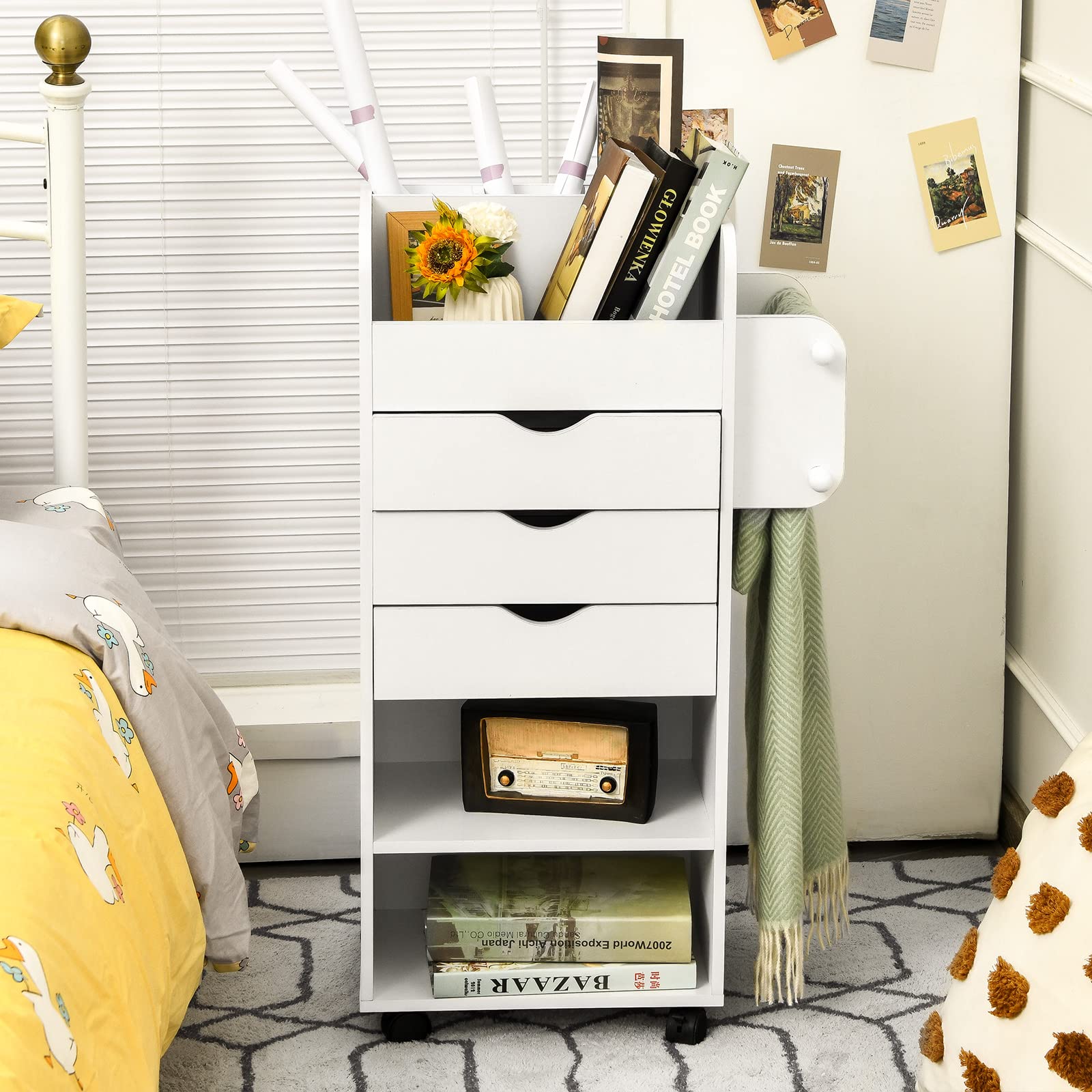 Giantex Rolling Craft Storage Cart, Utility Cart w/ 3 Drawers, 3 Shelves, 3 Slots & 2 Dowels, White