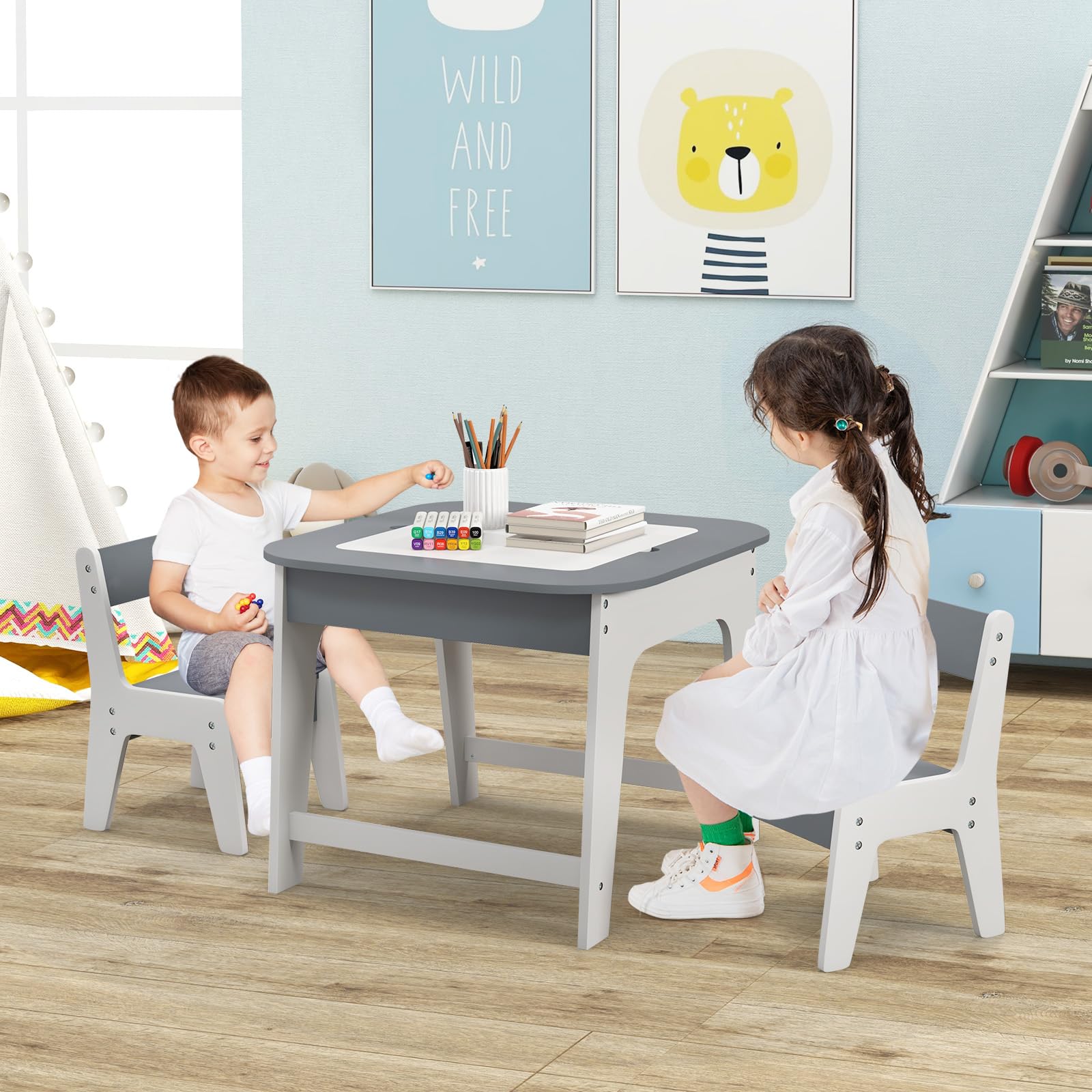Kids Table & Chairs Set, Toddler Activity Table Set with Double-Sided Tabletop & Hidden Storage Space