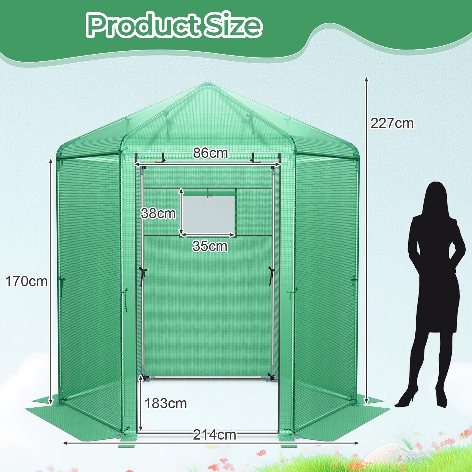 Walk-in Greenhouse, Hexagonal Greenhouse with PE Cover & Metal Frame, Winter Greenhouse with 2-Layered Window & Roll-Up Door