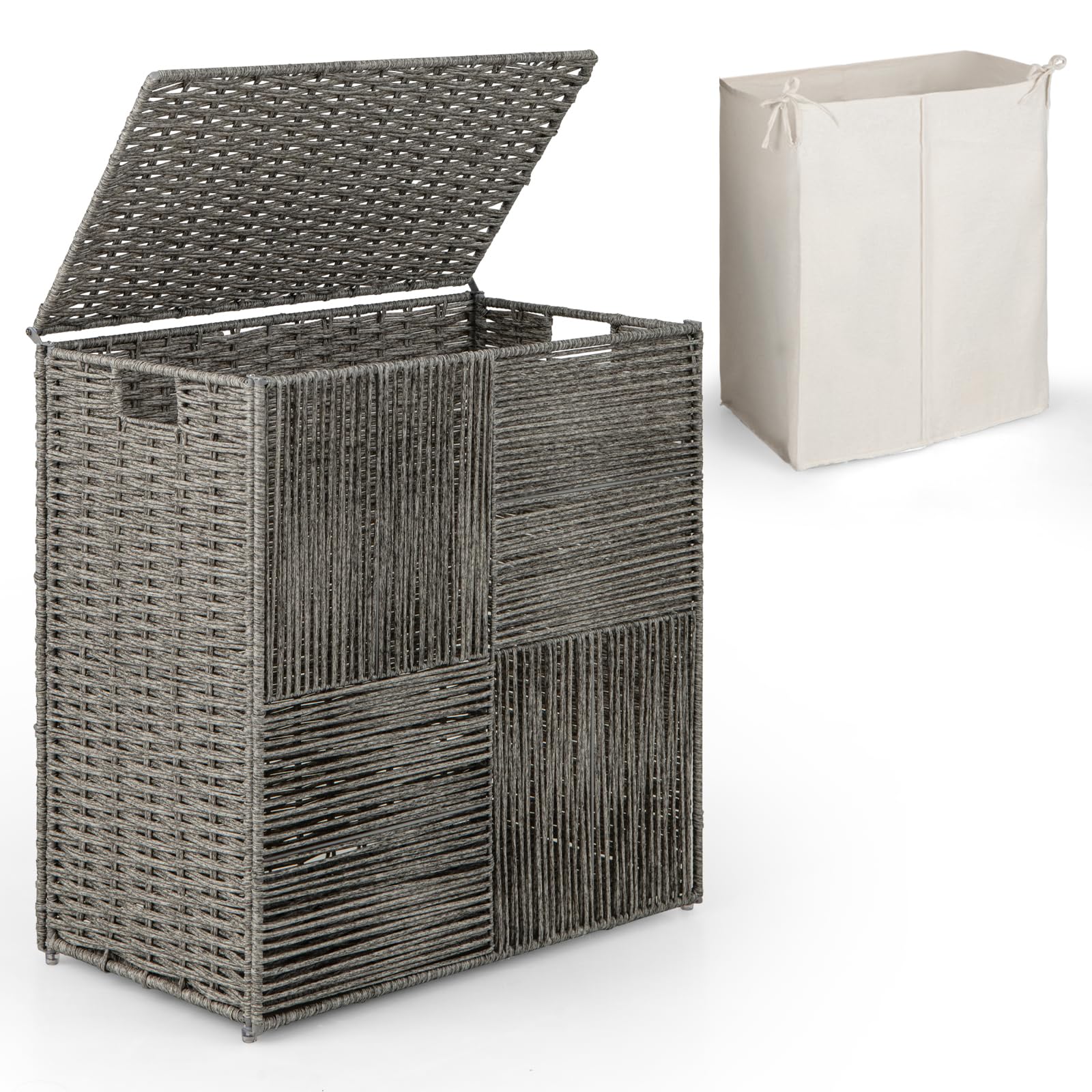Giantex 110 L Laundry Hamper with Lid, Hand-woven Rattan Laundry Basket with Convenient Handles & Removable Liner Bag