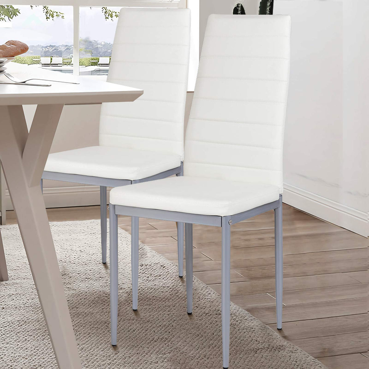 Set of 4 Dining Chairs with High Backrest, Kitchen Chair with Metal Legs, Leather Seat