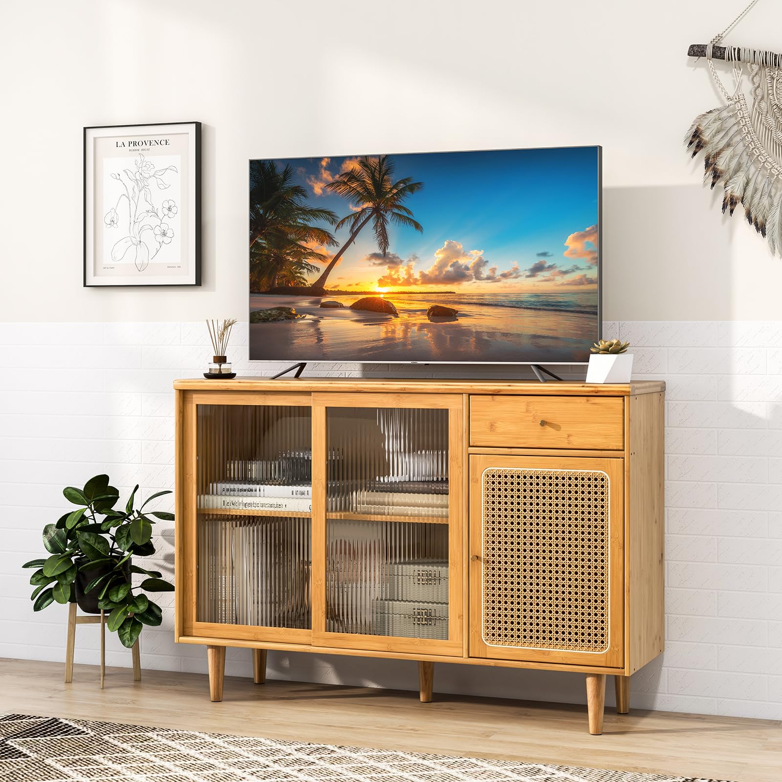 Giantex Buffet Sideboard, Mid Century Modern Bamboo Storage Cabinet w/Tempered Glass Sliding Doors