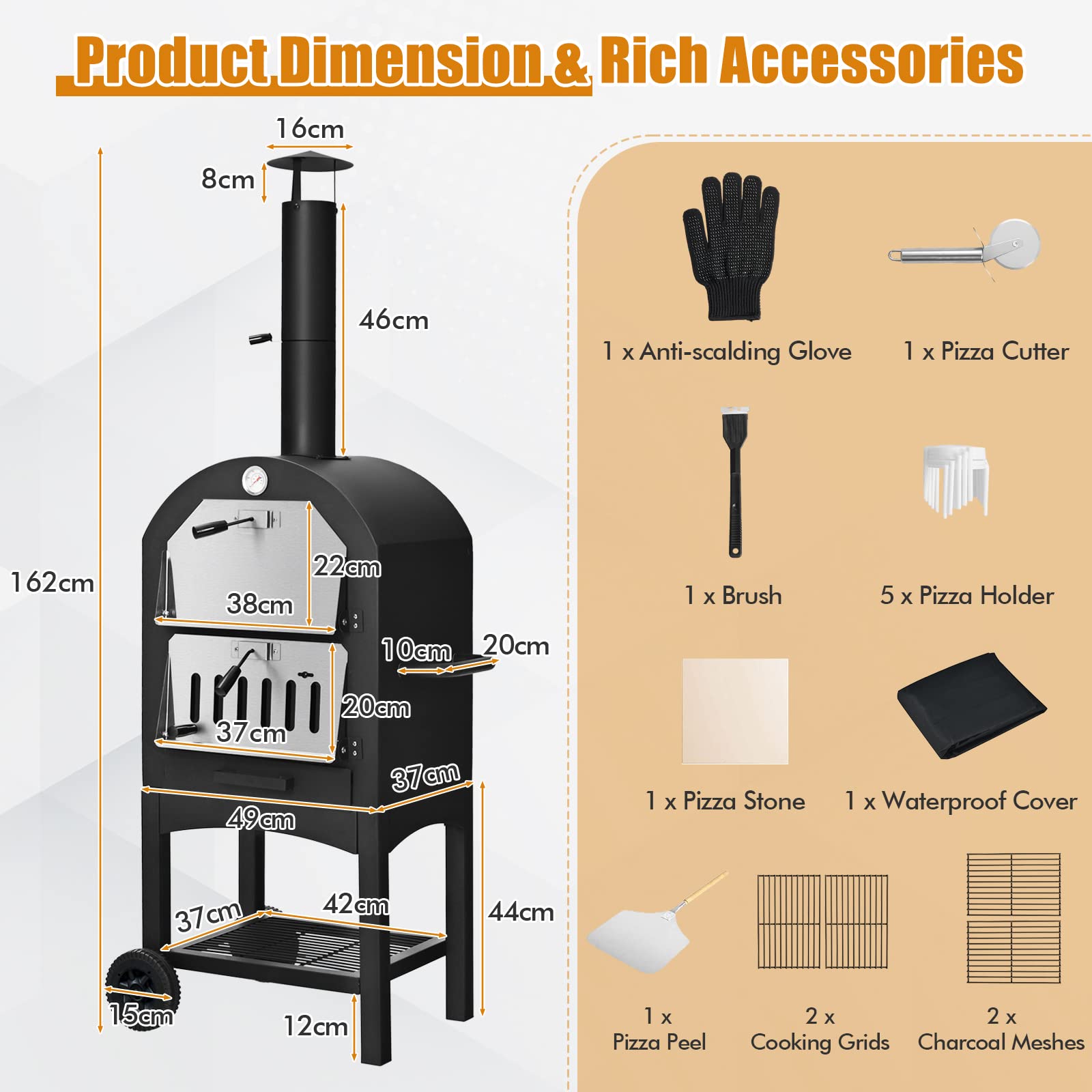 Portable Outdoor Pizza Oven, Patio Pizza Grill, Wood-fired Pizza Maker w/Pizza Stone, Waterproof Cover and Pizza Peel