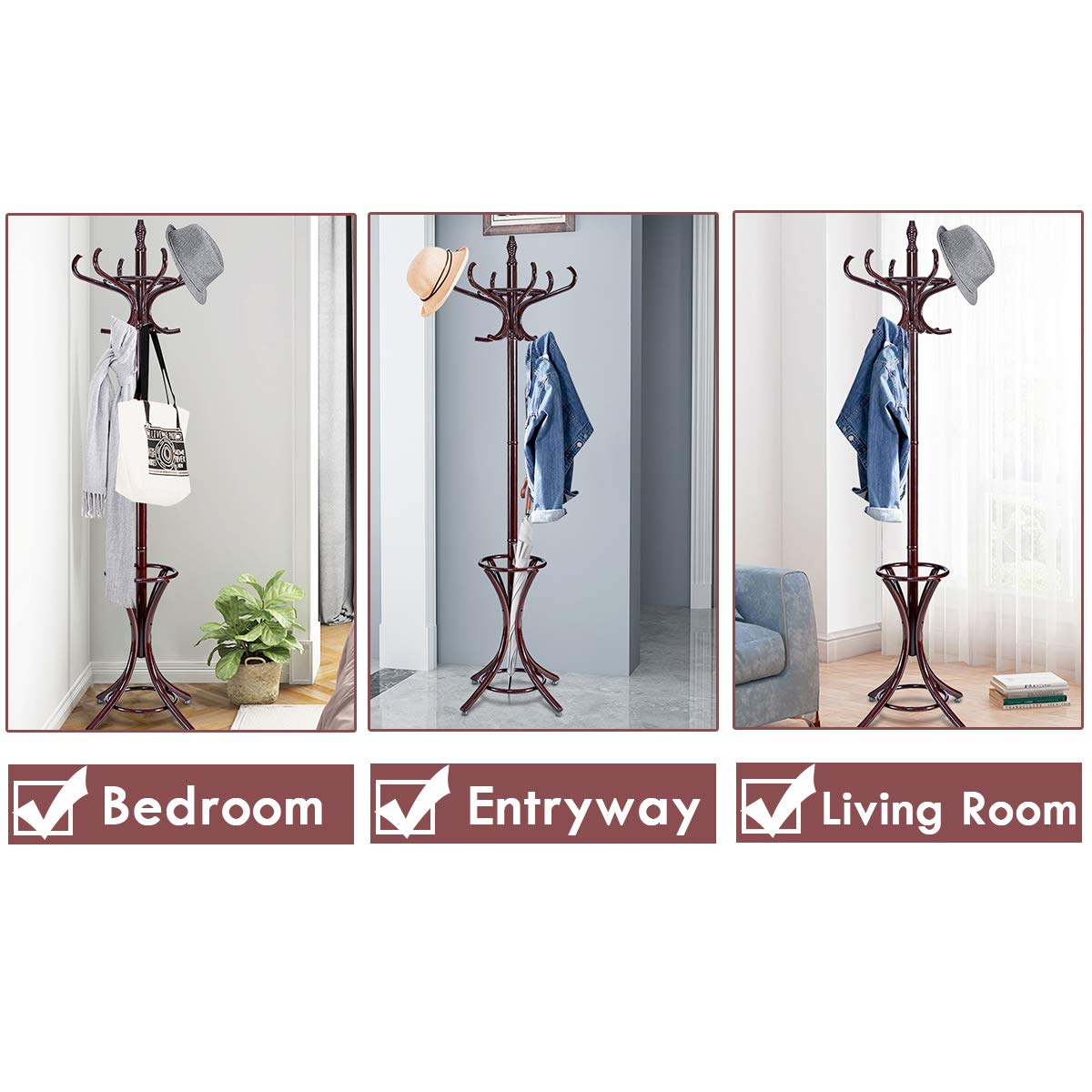 Coat Rack, Free Standing Coat Rack, Solid Wood Coat Tree w/ 12 Hooks & Umbrella Holder, Solid Wood Structure, Stable Base, Standing Rack for Hallway