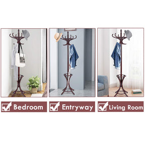 Coat Rack, Free Standing Coat Rack, Solid Wood Coat Tree w/ 12 Hooks & Umbrella Holder, Solid Wood Structure, Stable Base, Standing Rack for Hallway