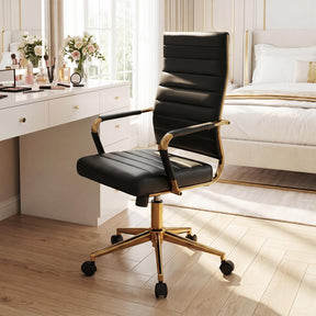 White and Gold Office Chair, Ribbed PU Leather Computer Desk Chair with Armrests & Reclining Backrest