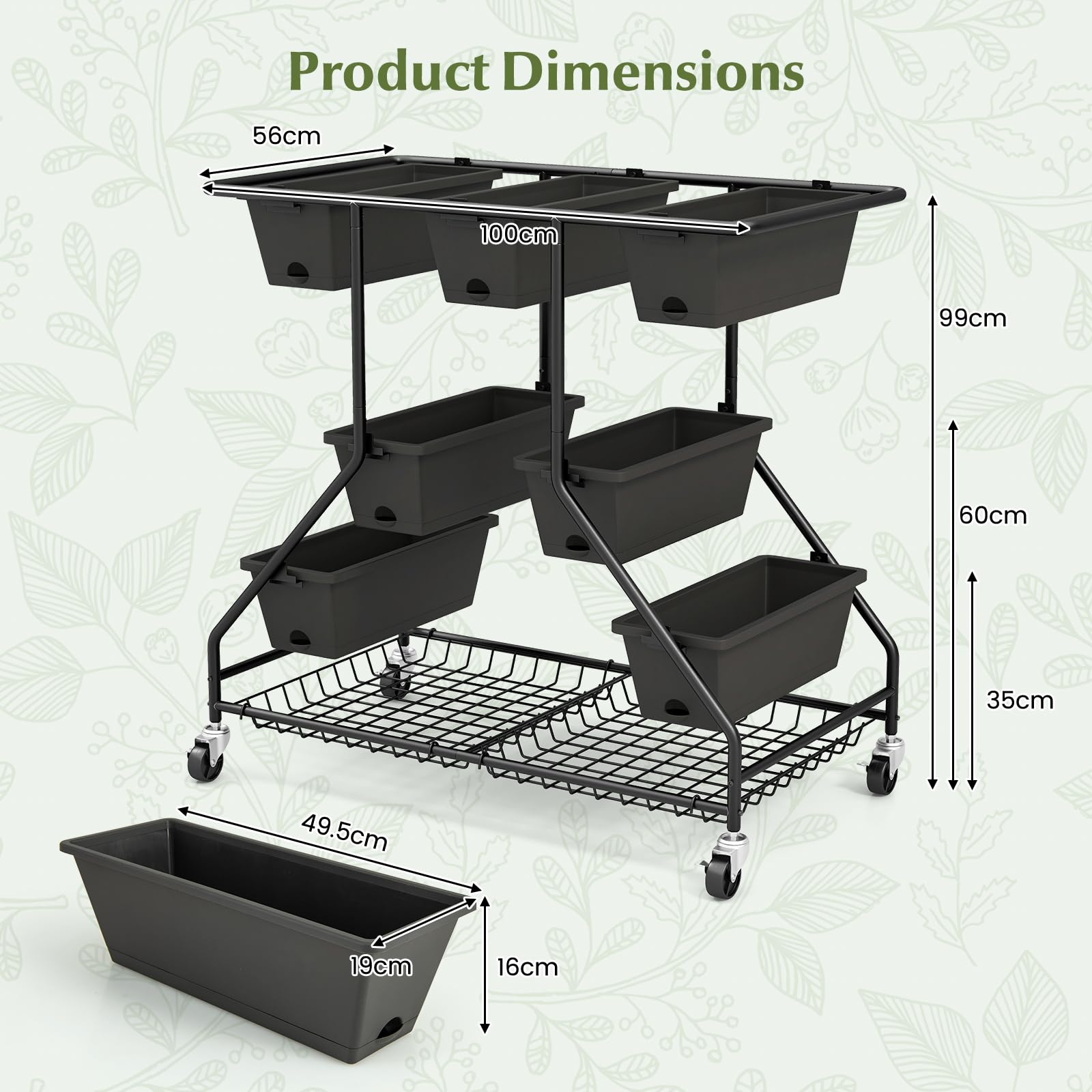 Vertical Raised Garden Bed w/7 Planter Boxes, Storage Baskets, Drainage Holes, 4 Lockable Casters