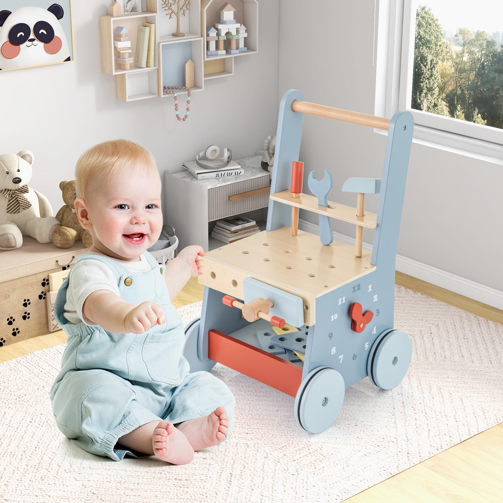 2-in-1 Wooden Baby Push Walker with Multi-Activity Center