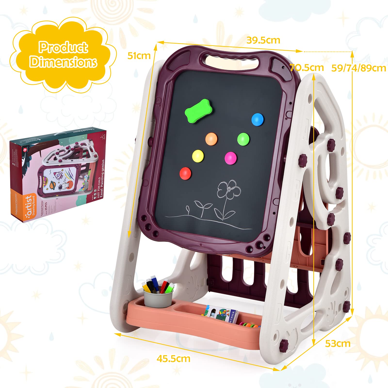 Kids 3 in 1 Kids Art Easel, Double Sided Magnetic Whiteboard & Chalkboard