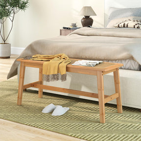 100cm Bamboo Dining Bench with Handwoven Rattan Seat, Wooden Entryway Bench, Farmhouse Kitchen Table Bench