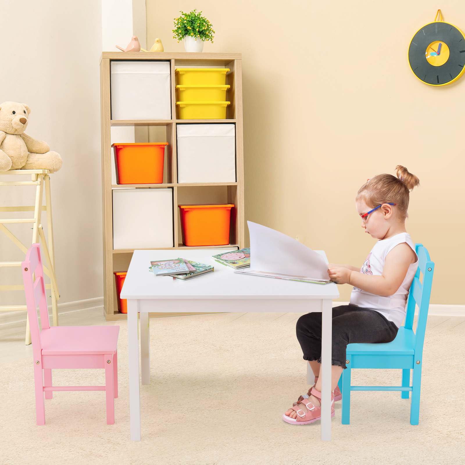 Kids Table and 4 Chairs Set, 5 Pieces Activity Table Set, Durable Wooden Desk Furniture for Toddlers