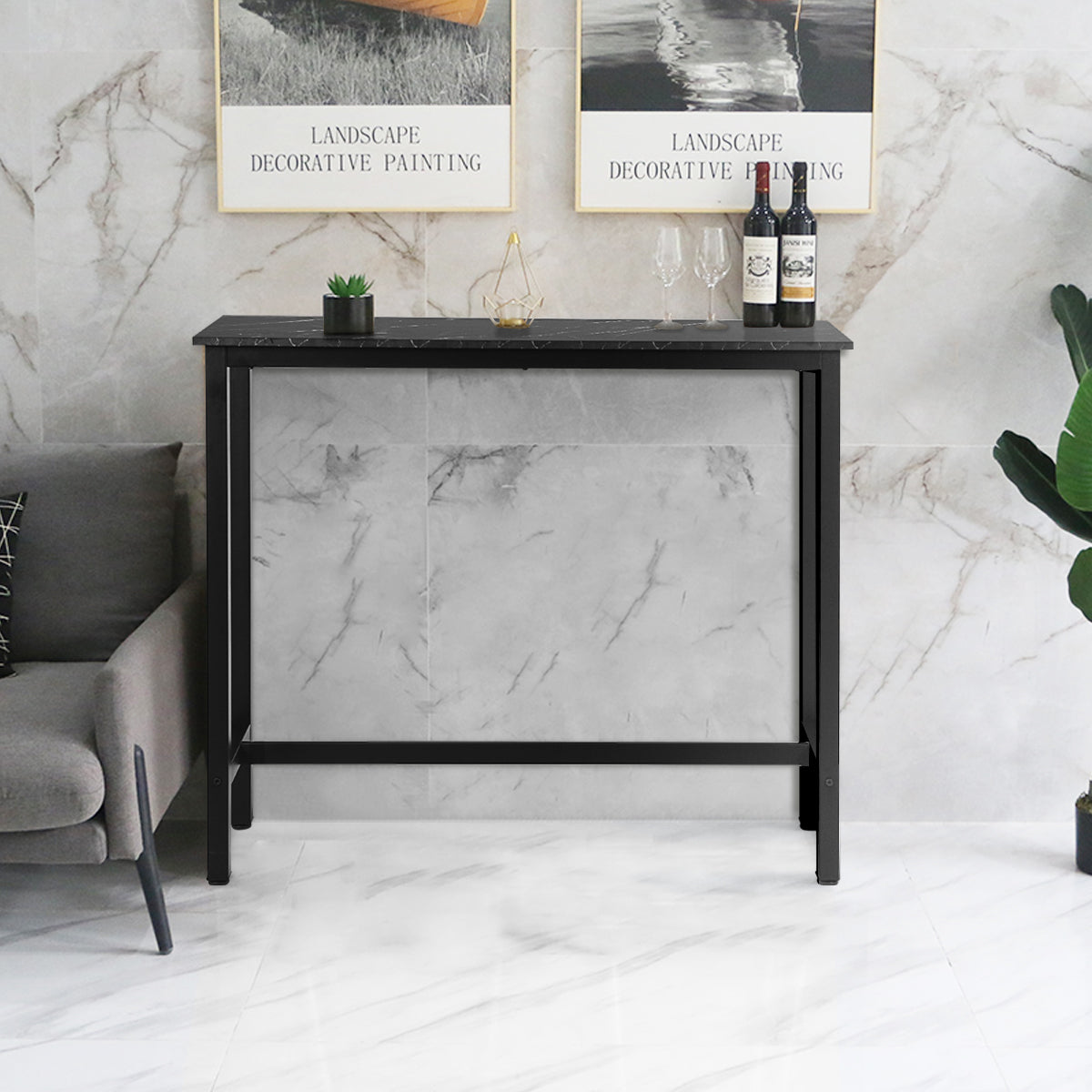Industrial Counter Height Bar Table with Metal Frame and Faux Marble Top
