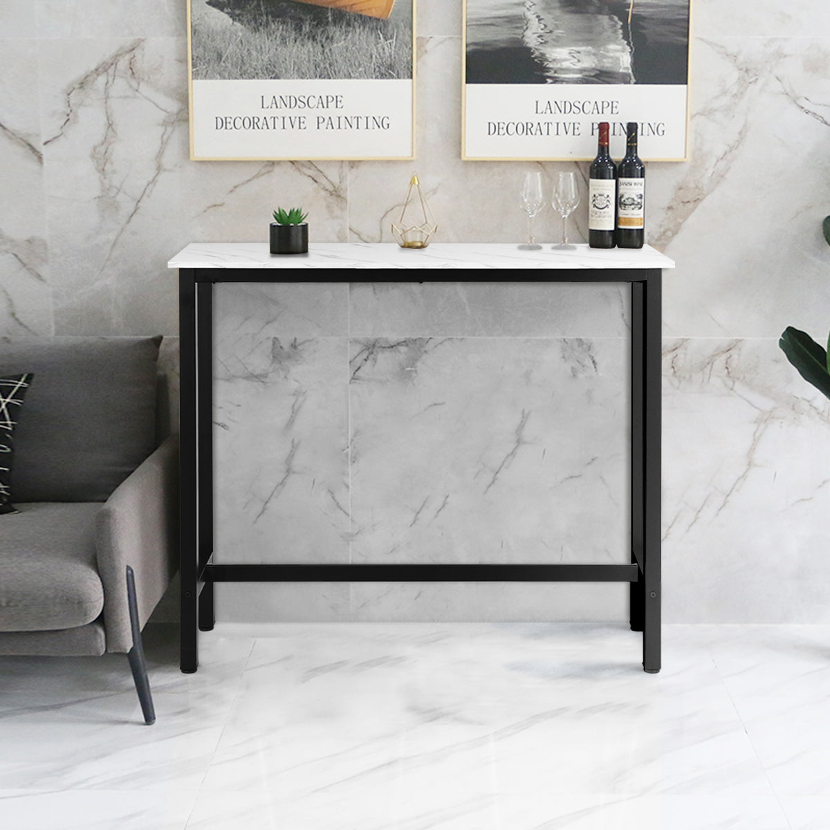 Industrial Counter Height Bar Table with Metal Frame and Faux Marble Top
