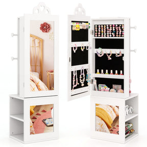 3-in-1 Freestanding Kids Jewelry Cabinet Armoire with Full Length Mirror-White